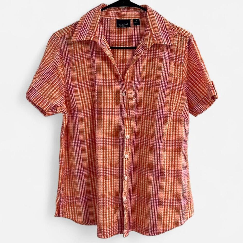 Gloria Vanderbilt Pink + Orange Gingham Short Sleeve Blouse